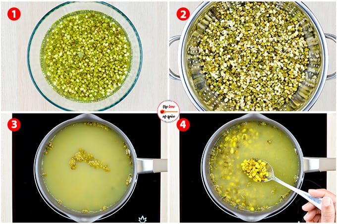 step by step photos of sprouting moong beans and then boiling them for making misal