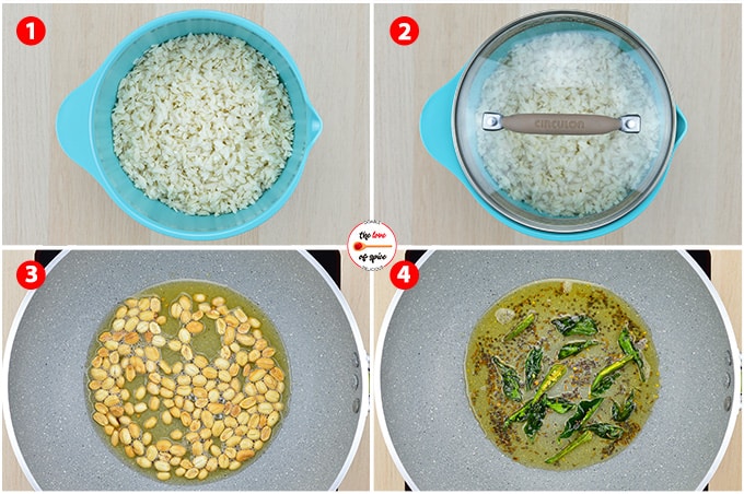 poha recipe step photos - setting aside rinsed & drained poha, roasting peanuts, and adding tempering