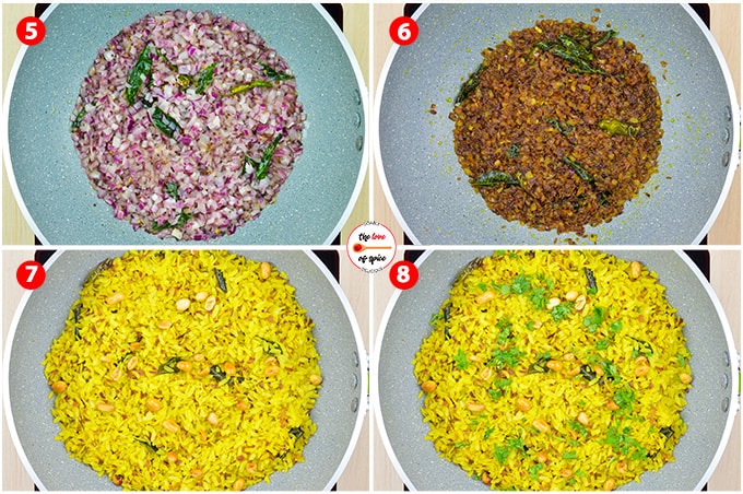 poha recipe step photos - browning the onions, adding the poha that was set aside earlier & mixing it in with all the flavorings.