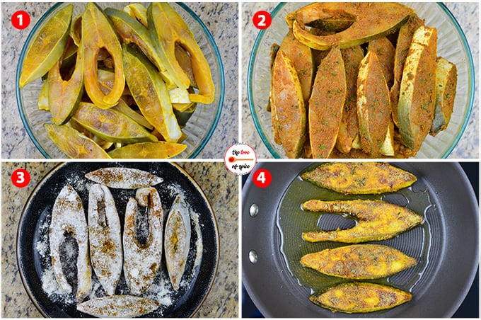 step by step photos of making indian style pomfret fish fry - coating the fish pieces with spice rub, 