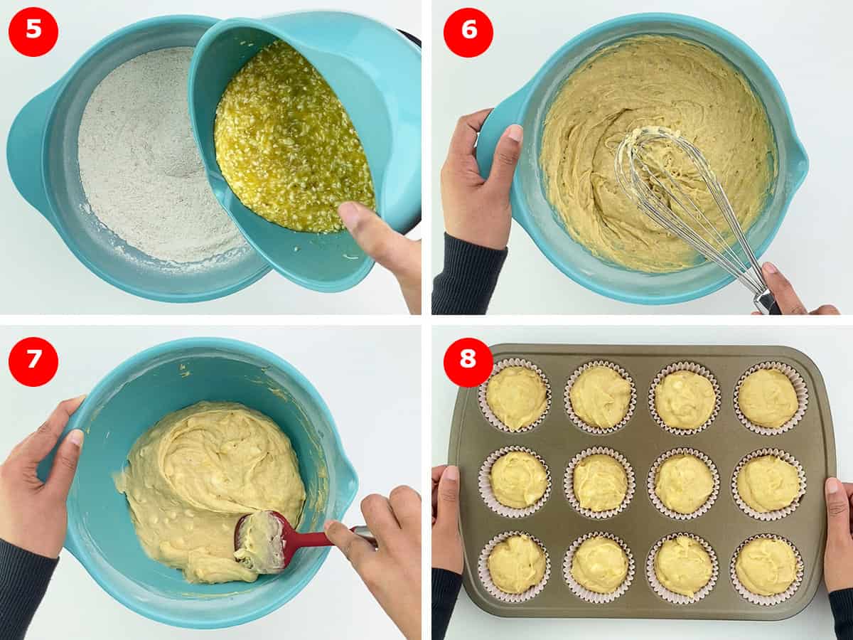 final step photos of making the muffin batter and then pouring it in the muffin tray to go into the oven