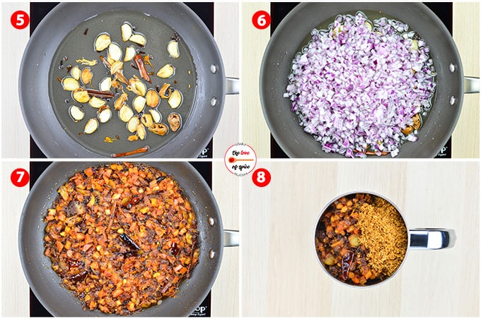 step by step photos of making misal by roasting whole garam spices, garlic, chillies, onions, and dry coconut powder