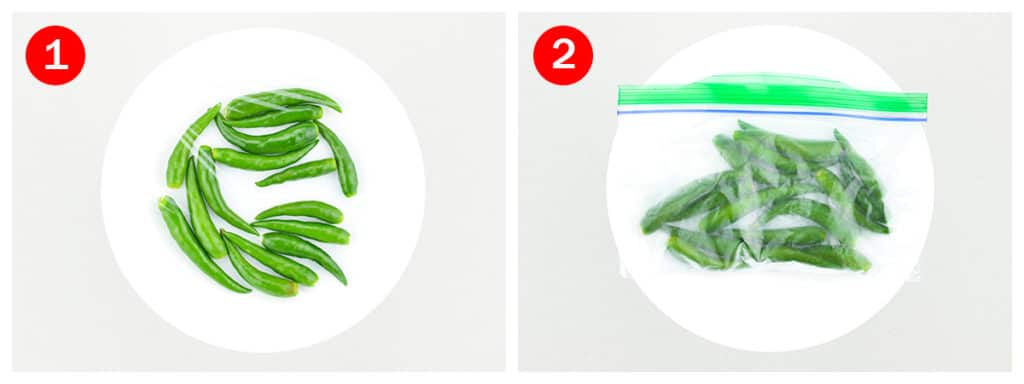 photos of washed and dried green chillies wrapped in cling wrap to freeze, and frozen green chillies stored in airtight bag