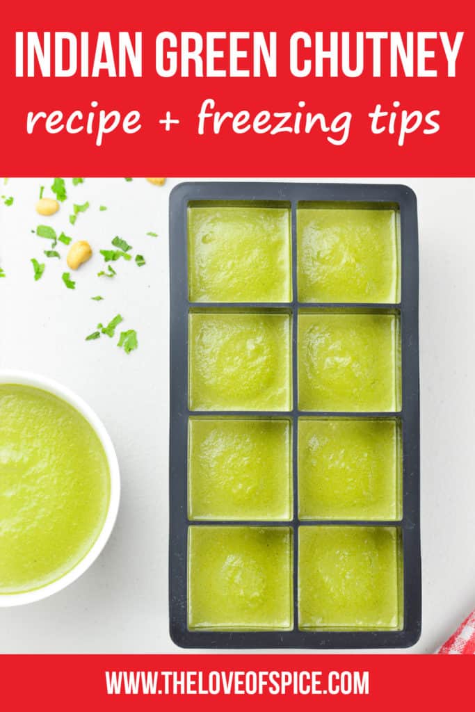 an ice cube tray full of indian green chutney to be frozen, alongside a fresh bowl of green chutney