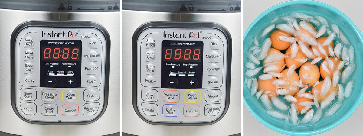 step by step photos of the 5-5-5 method of hard boiling eggs in the instant pot - 5 min pressure cook, 5 min lapsed time, 5 min ice bath