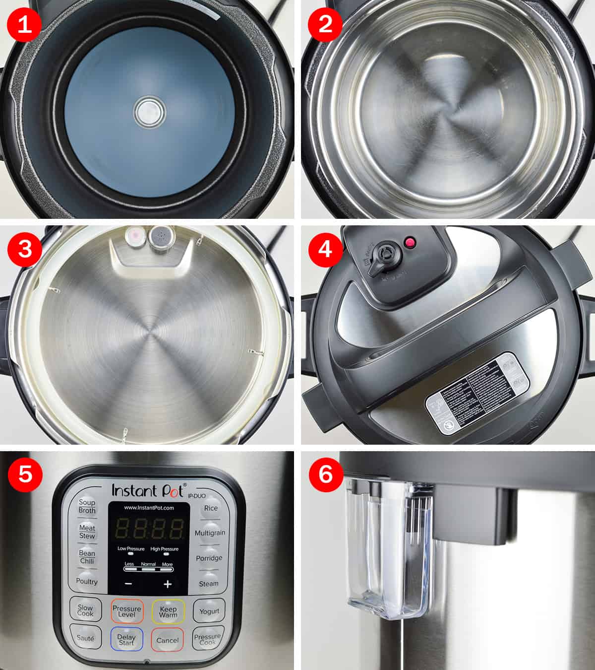 photos of instant pot parts - exterior pot, inner pot, lid, sealing ring, valve, display panel, and condensation collector