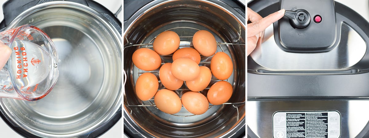 step by step photos of hard boiling eggs in the instant pot by first adding water, eggs, and then closing the lid and sealing it