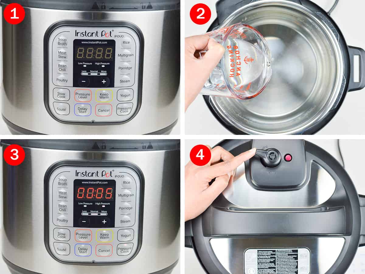 step by step photos of instant pot water test - from pouring water into the inner pot, to setting timer, and closing the lid with valve pointing to sealing