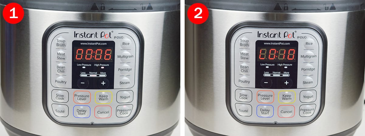 side by side shots of instant pot settings for chicken biryani - pressure cook time of 6 minutes, lapsed time of 10 minutes