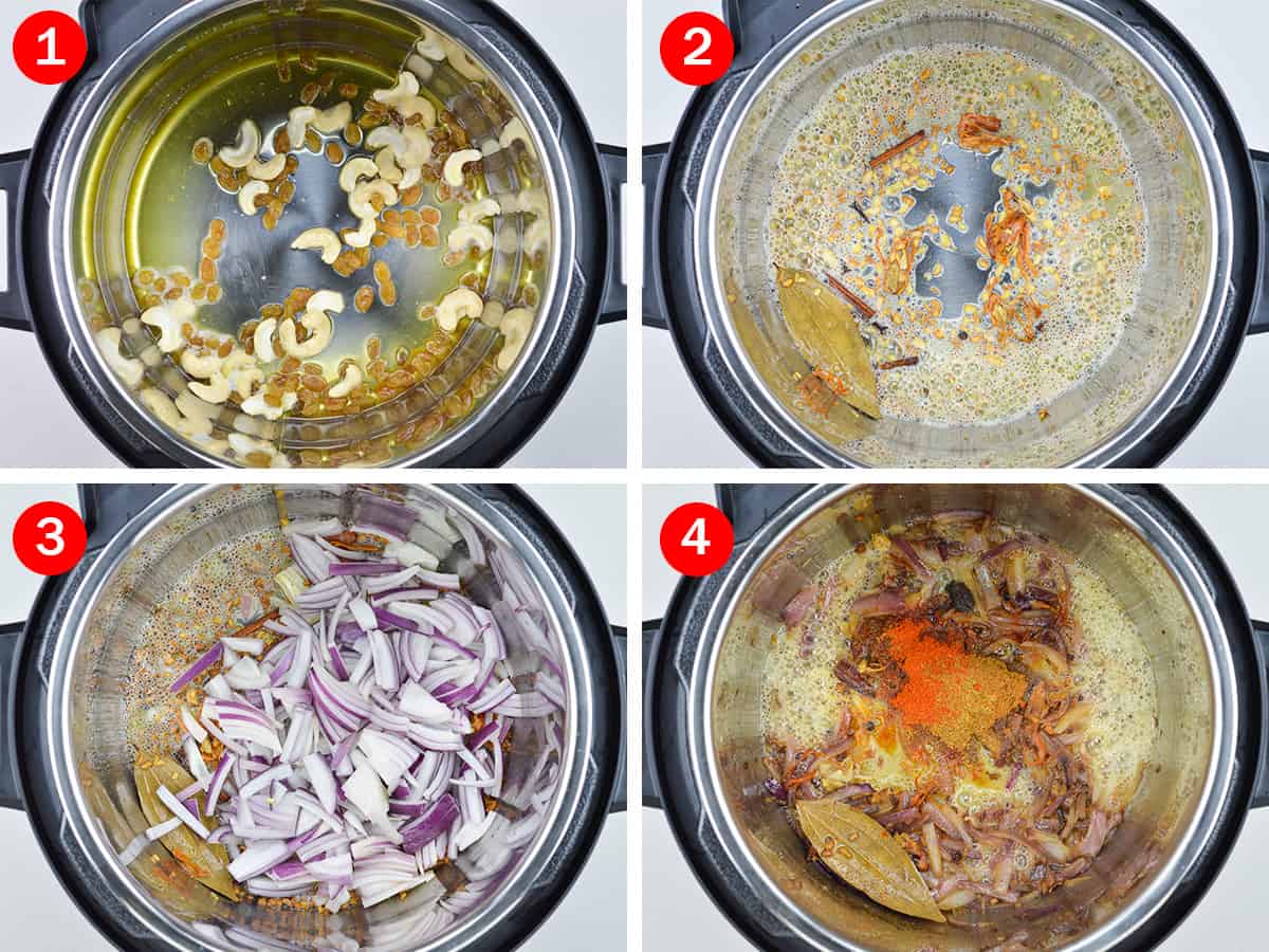 step by step photos of making chicken biryani in instant pot - by first roasting nuts, then whole spices, ginger garlic paste, onions, and indian spice powders