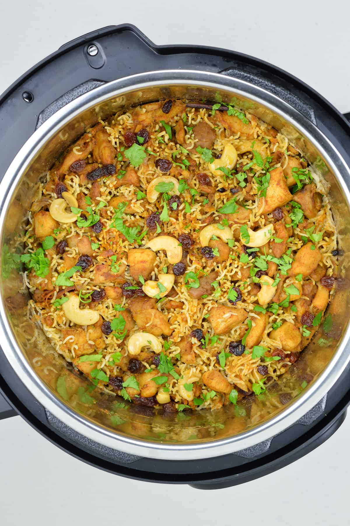 top shot of ready to eat chicken biryani in the instant pot