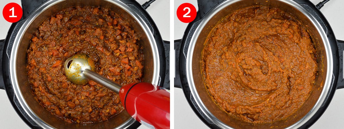 2 side by side photos of bhuna masala curry sauce base in instant pot - one with a hand blender in it, and one showing the masala after blending