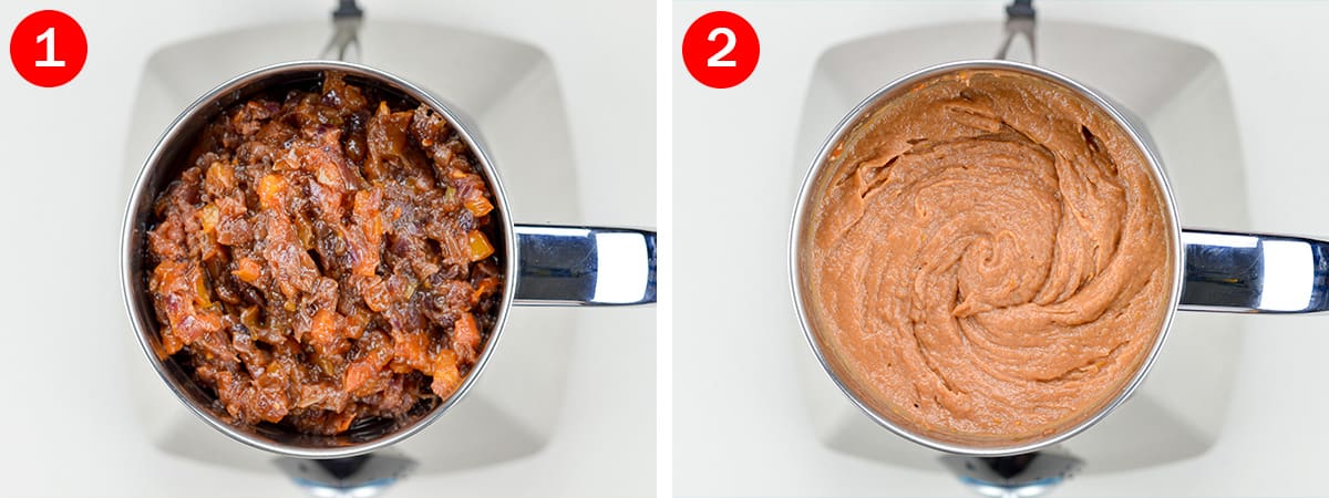 2 side by side photos of indian onion tomato masala base in a mixer jar, before and after grinding