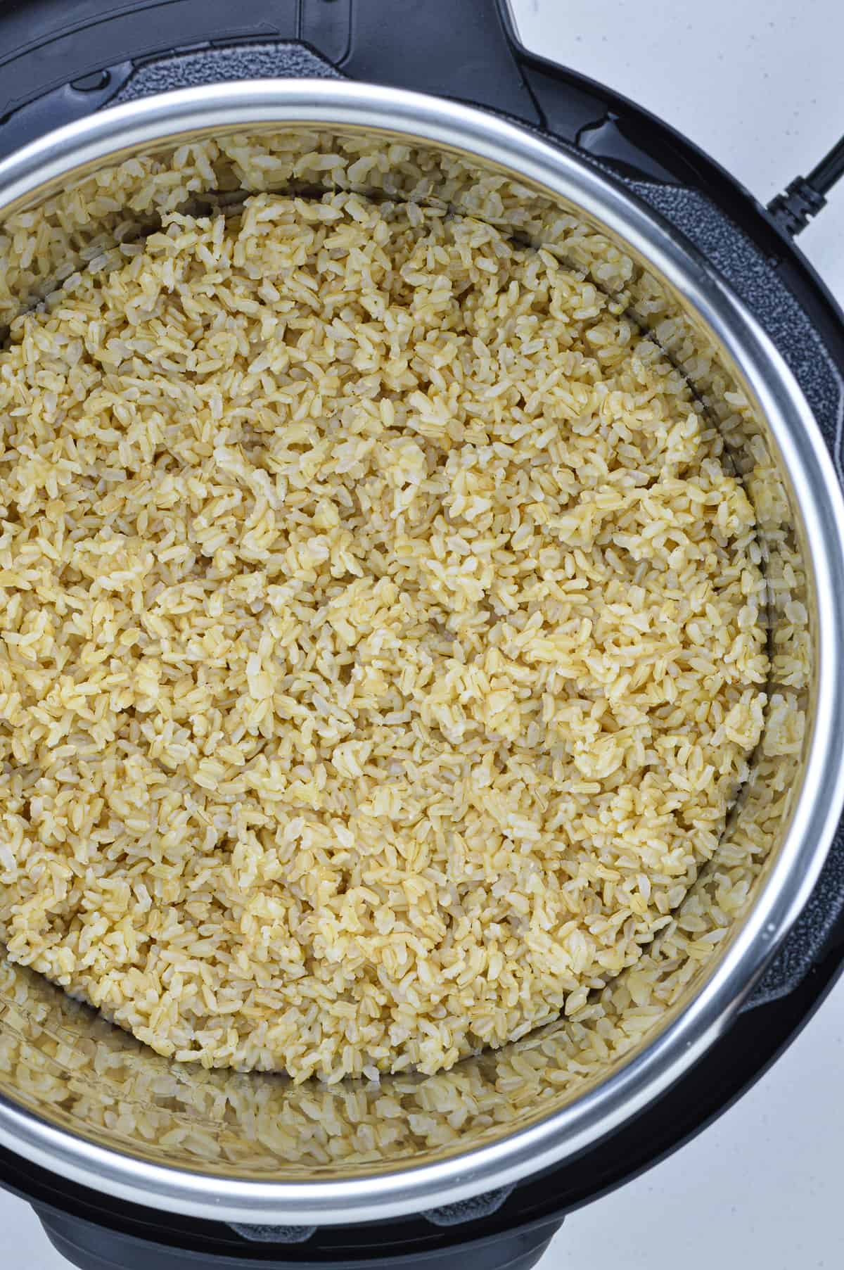 top shot of cooked brown rice in the instant pot