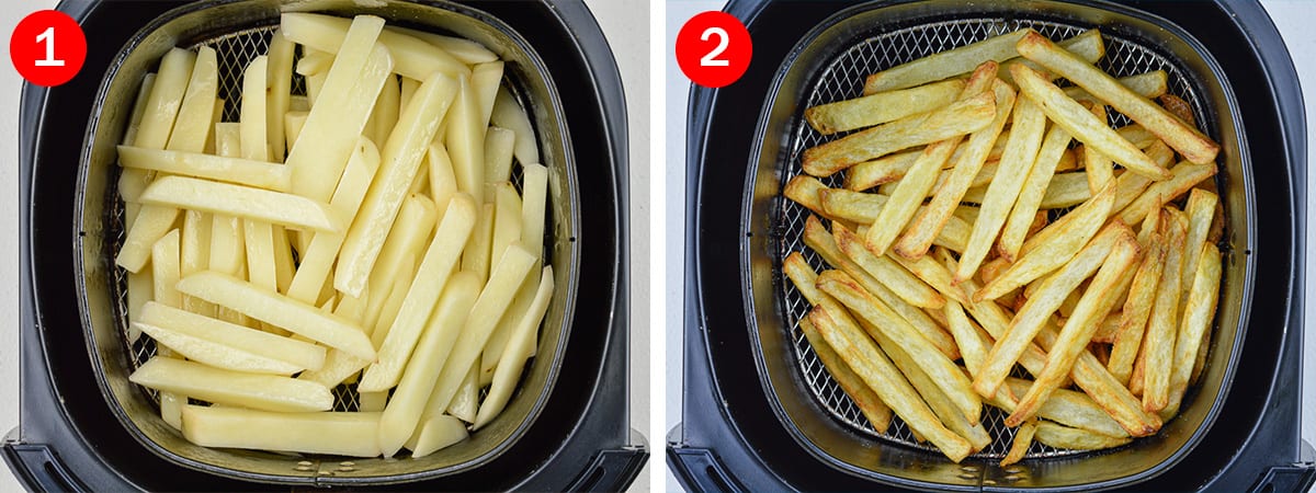 side by side before and after shots of air frying french fries in the Philips air fryer basket