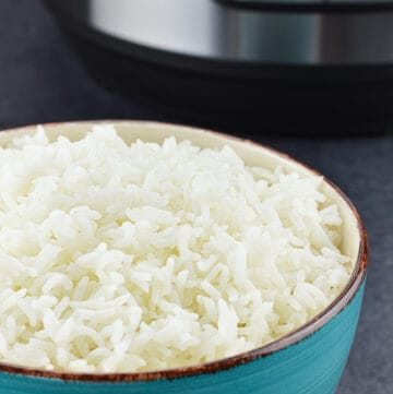 a bowl of soft and fluffy white rice, with an instant pot duo nova in the background