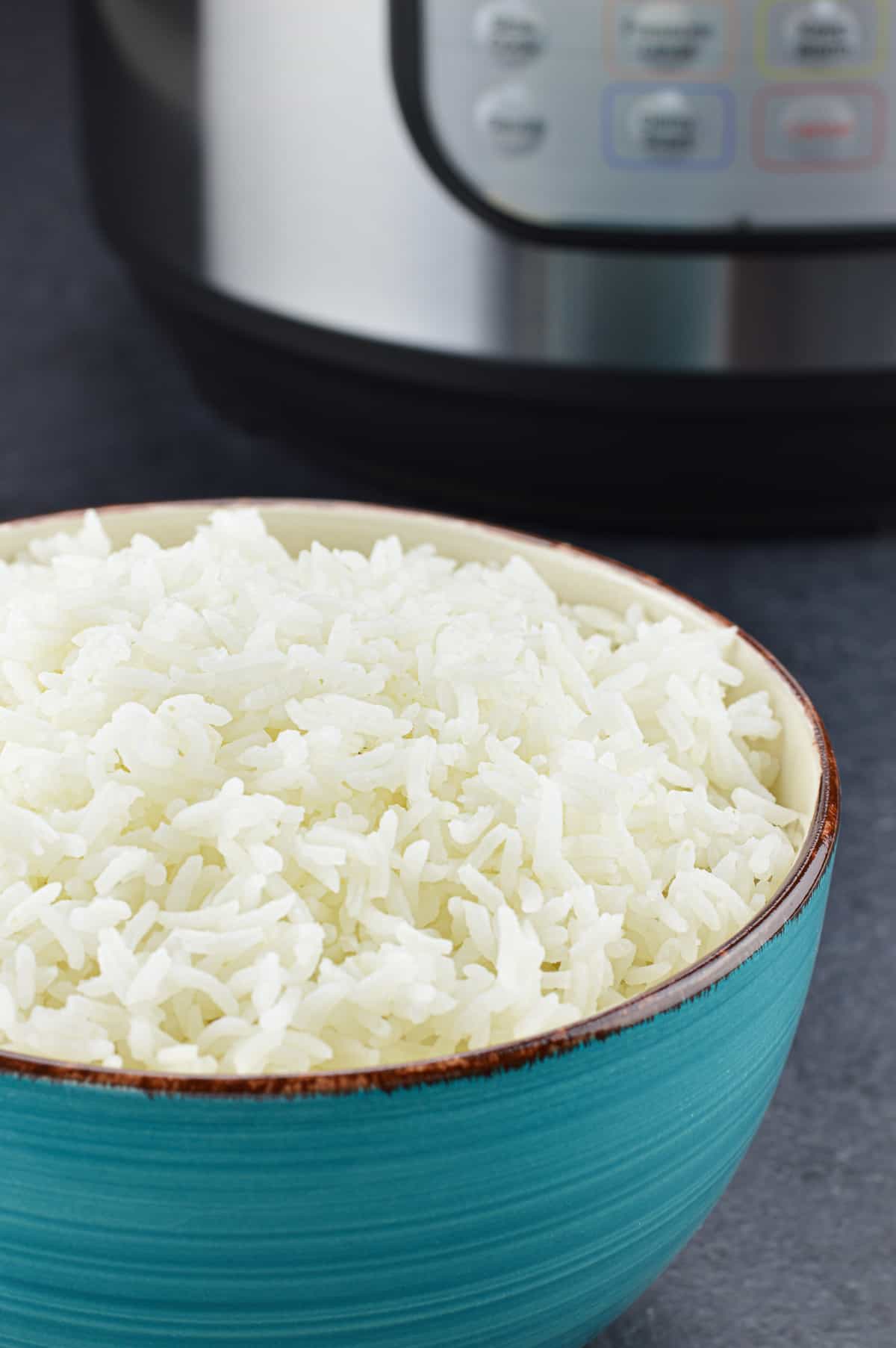 a bowl of soft and fluffy white rice, with an instant pot duo nova in the background