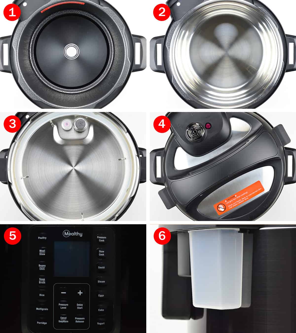 collage of the different parts and components of the mealthy multipot base unit - exterior pot, inner pot, inner and outer part of the lid, the display panel, and the condensation collector