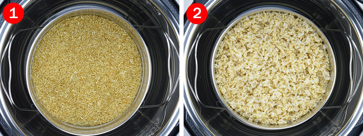 side by side before and after shots of cooking brown rice pot in pot in the instant pot
