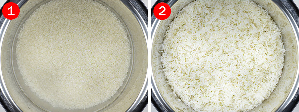 side by side before and after shots of cooking rice in the instant pot