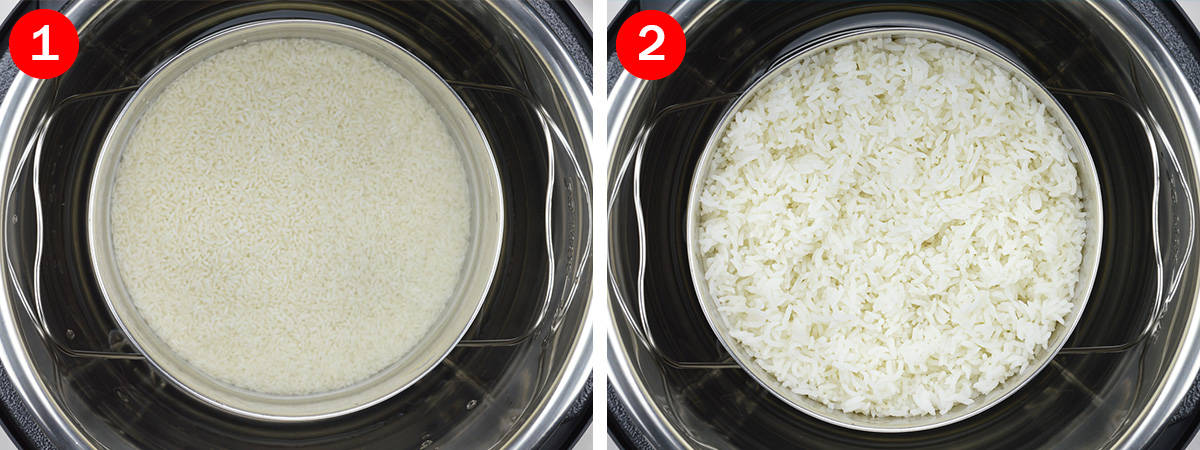 side by side before and after shots of cooking rice pot in pot in the instant pot