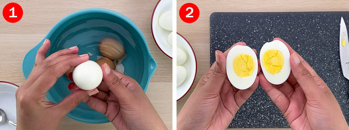 side by side shots of an easy peel egg and a boiled egg cut open in two & shown yolk side up