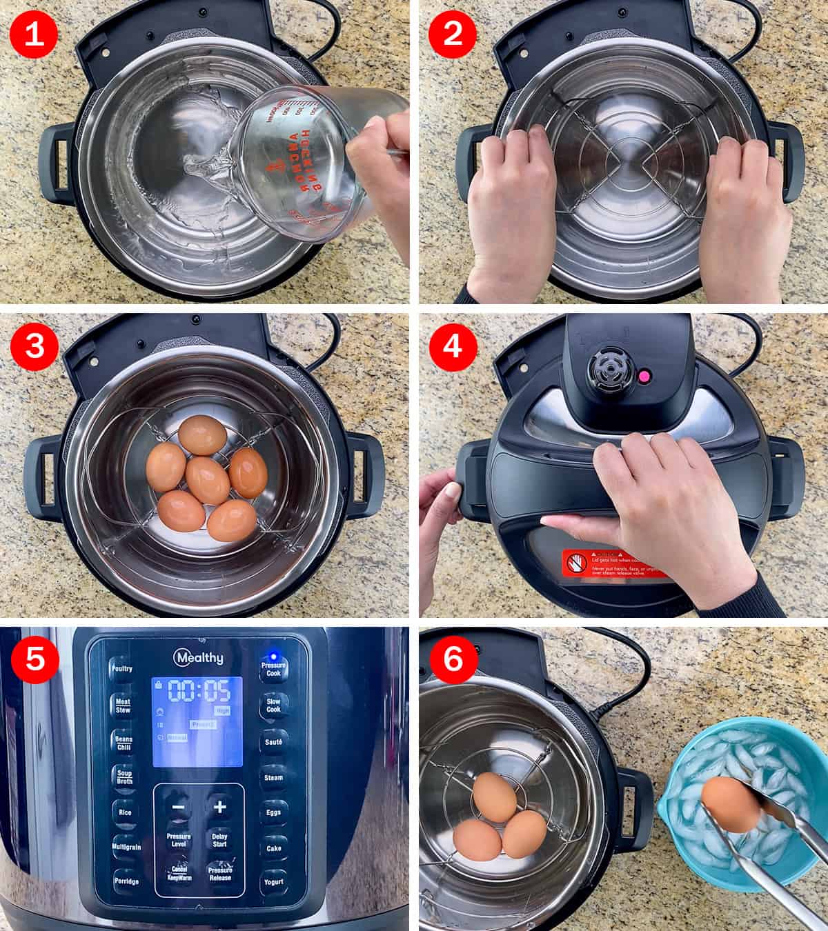 step by step photos of hard boiling eggs in the mealthy multipot