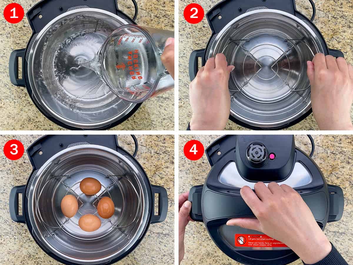 step by step photos of making soft boiled eggs in the mealthy multipot