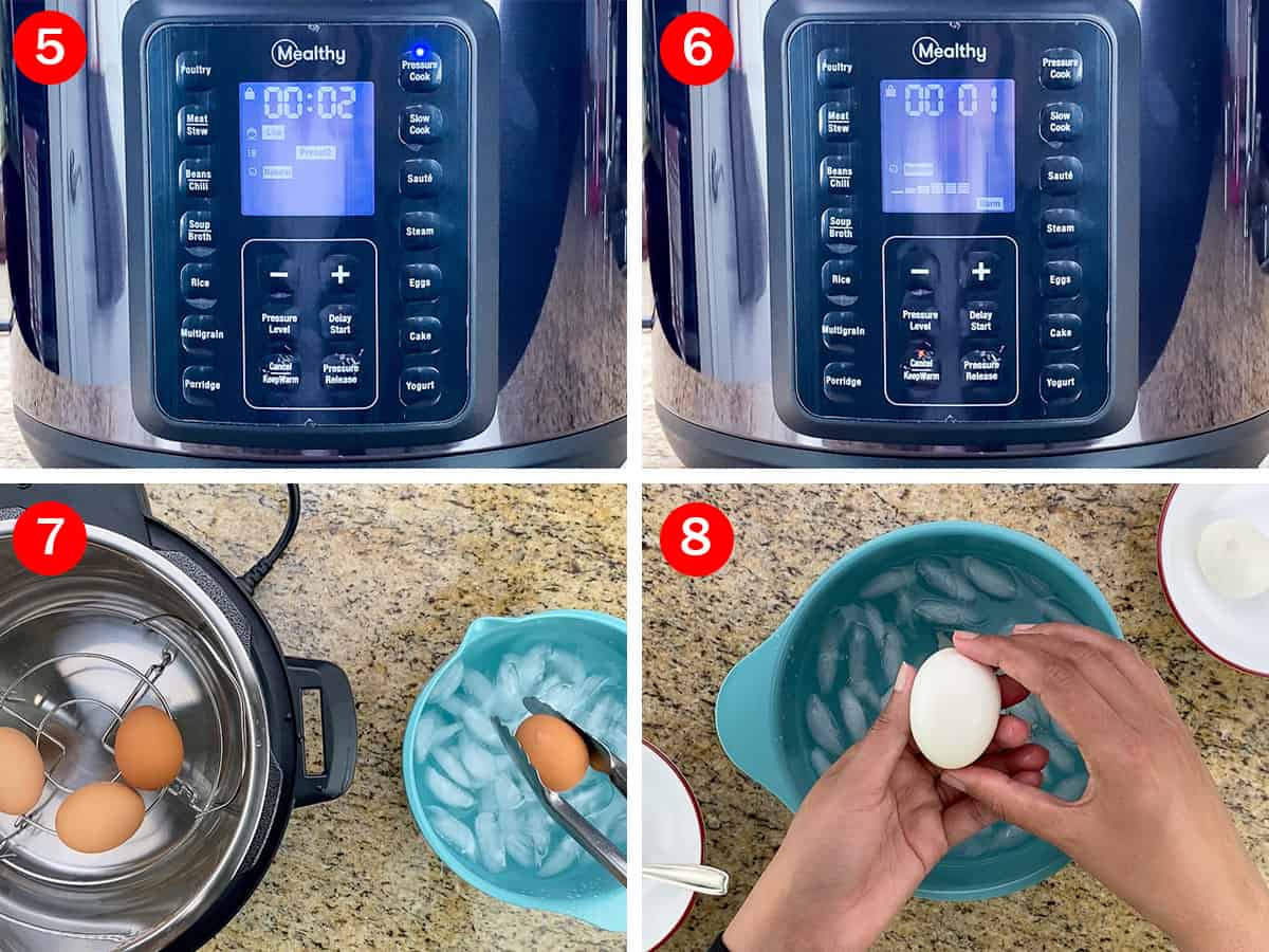 step by step photos that show the settings and time to make soft boiled eggs in the multipot, that are easy to peel