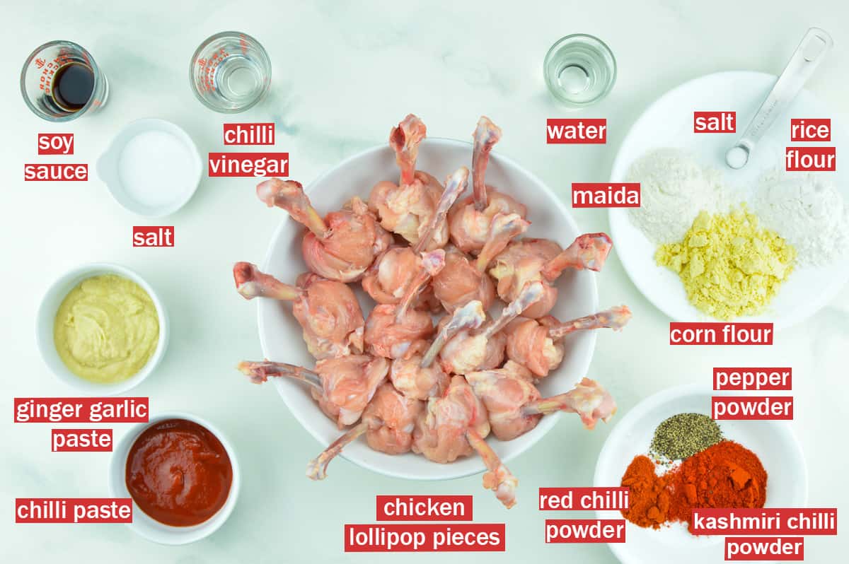 top shot of ingredients needed to make chicken lollipop at home