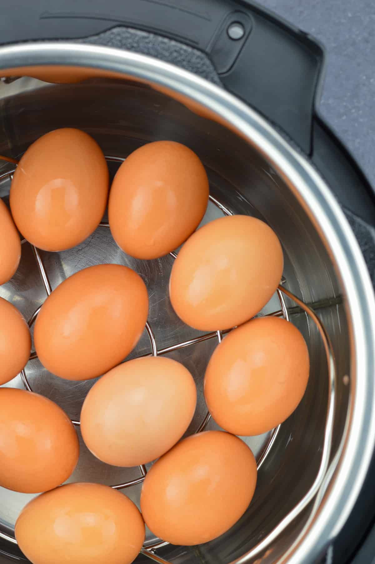 top close up shot of large brown eggs placed on a trivet in the instant pot