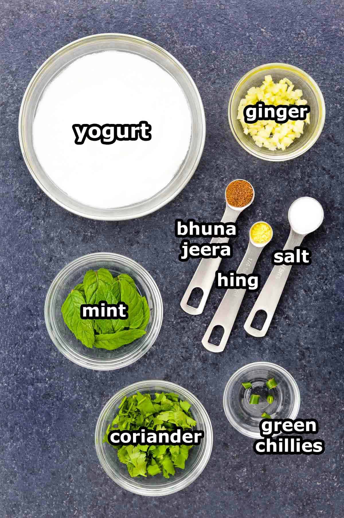 top shot of all the ingredients to make masala chaas, along with ingredient labels