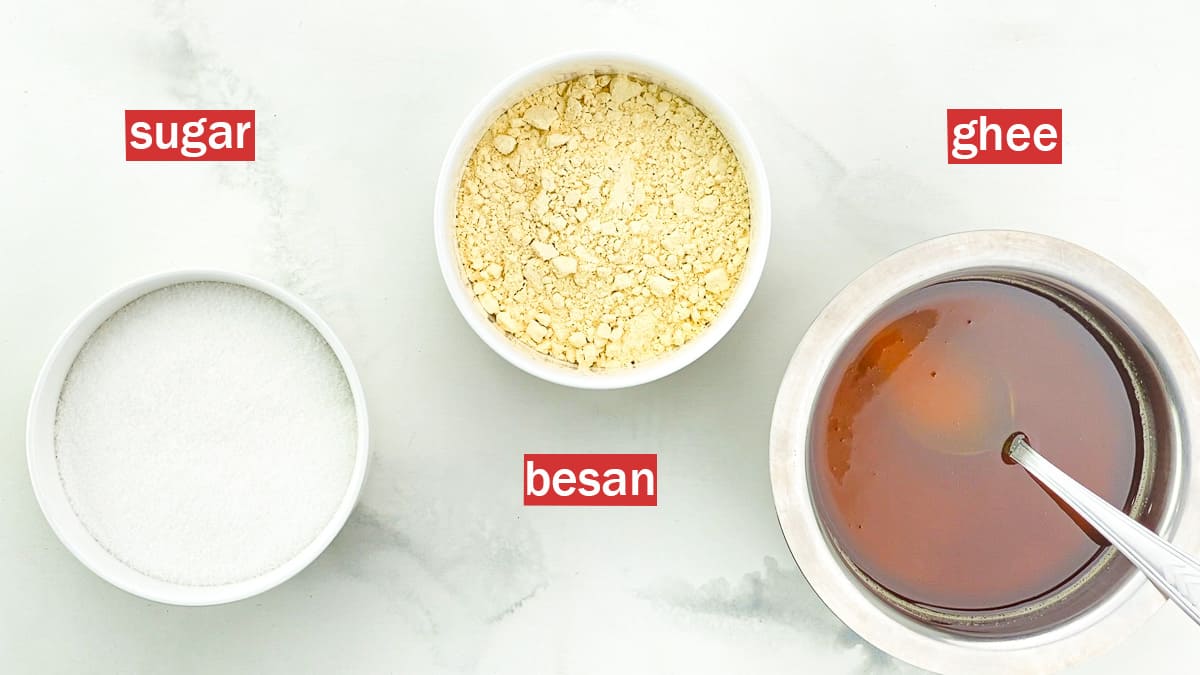 top shot of the 3 ingredients required to make mysore pak - besan, sugar and ghee