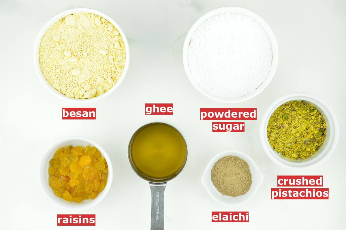 top shot of all the ingredients to make besan ladoo, along with ingredient labels