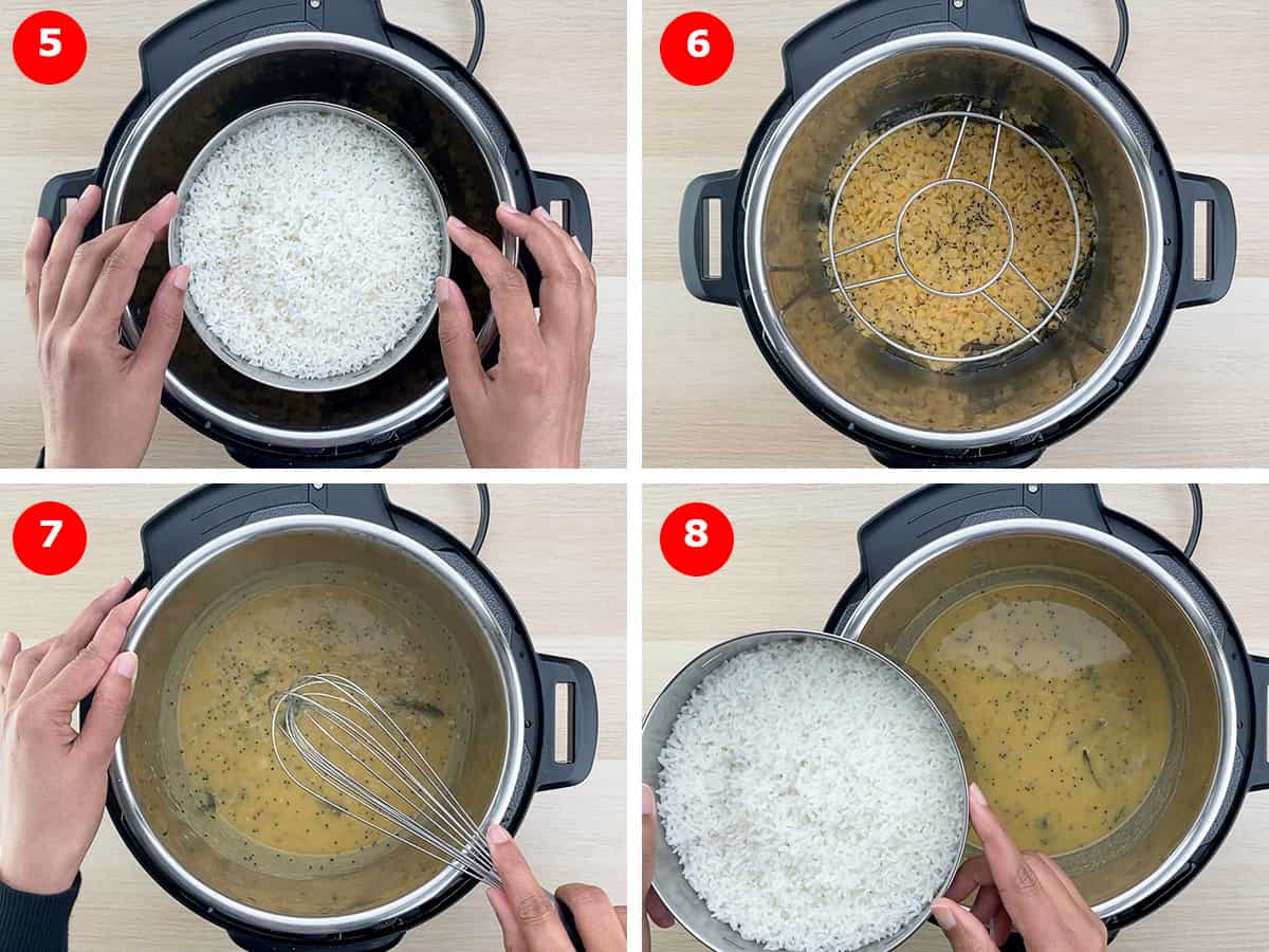 askel askeleelta kuvia instant pot dal ja riisin kypsennyksen jälkeen käyttäen pot in pot-menetelmää-riisipannun poistamisesta ja sitten vatkaamisesta dal kunnes haluttu johdonmukaisuus saavutetaan