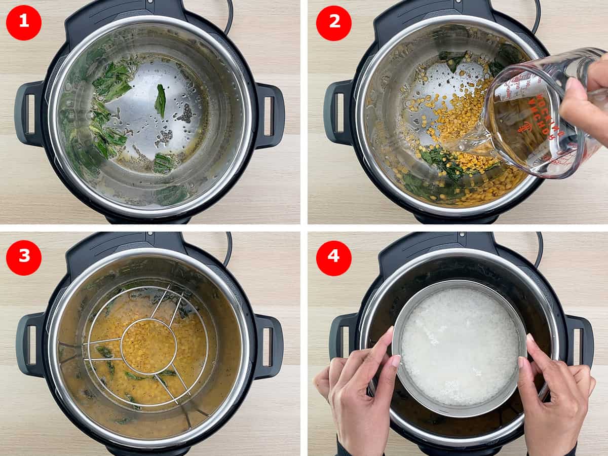 step by step photos of cooking dal and rice together in the instant pot using pot in pot method - from making the tadka to adding raw dal and rice in the instant pot
