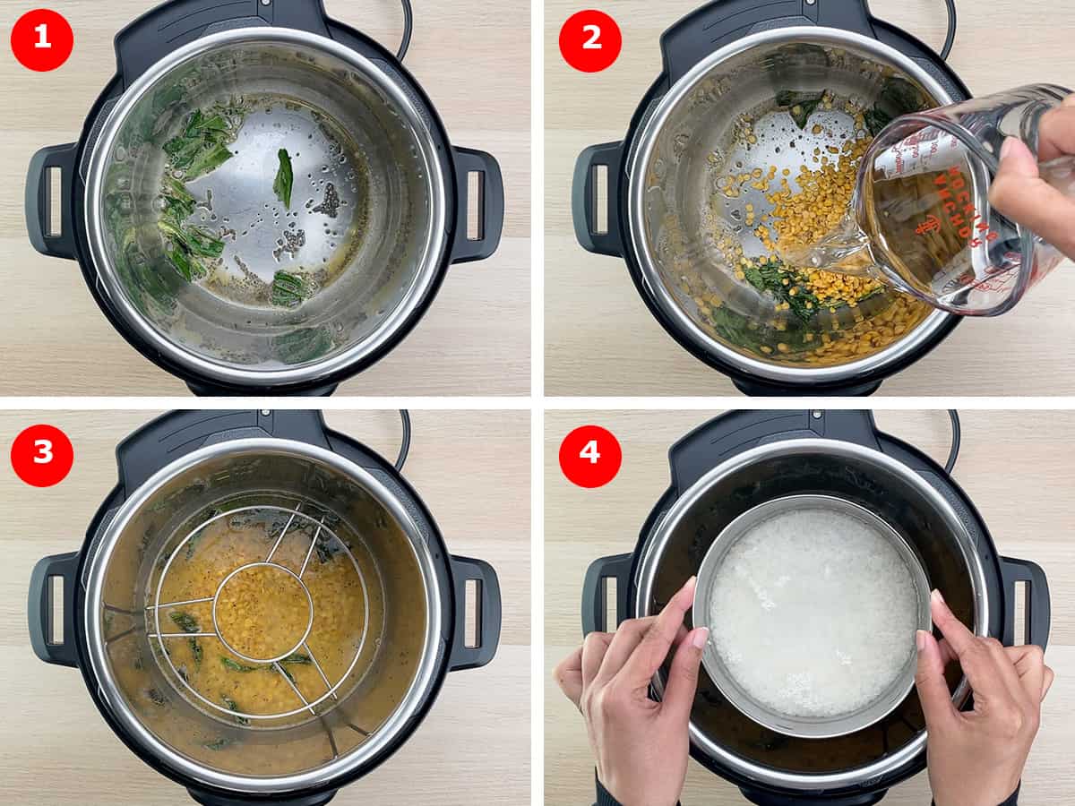 stap voor stap foto ' s van het samen koken van dal en rijst in de instant pot met behulp van pot in pot methode - van het maken van de tadka tot het toevoegen van rauwe dal en rijst in de instant pot