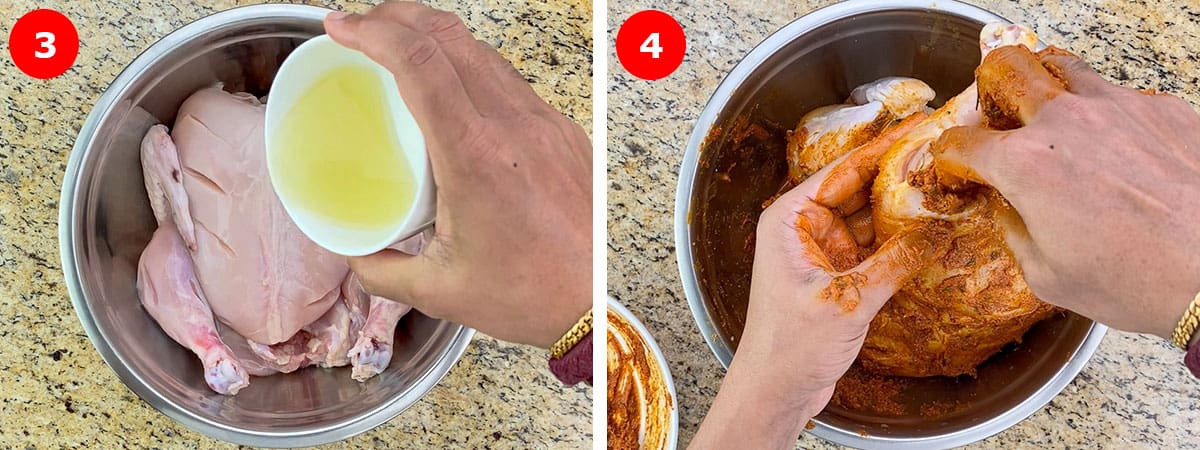 side by side shots of marinating whole chicken with first marination of lemon & salt, and second marination of applying tandoori masala