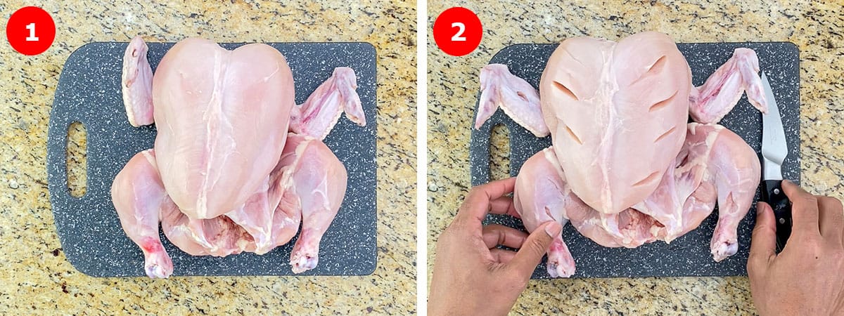 side by side shots of a whole chicken on a cutting board, one before any gashes were made, the other full of gashes