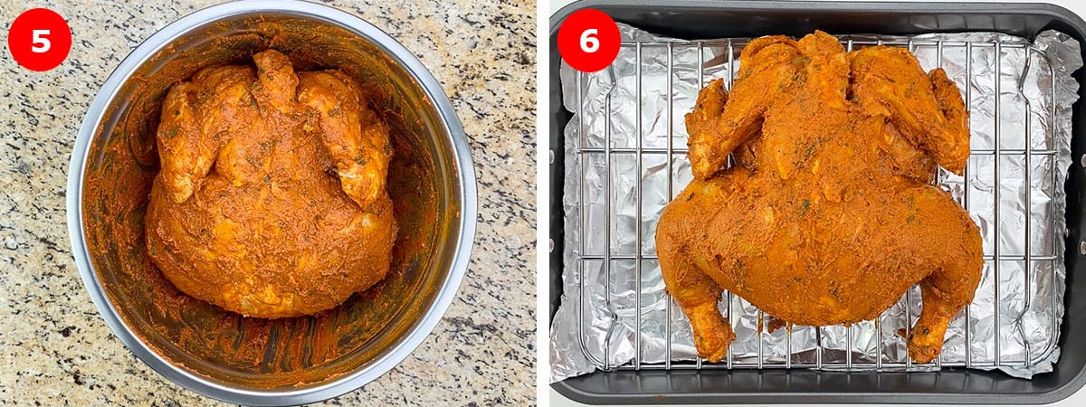 side by side shots of marinated whole chicken in a steel bowl, and then placed on a rack of an oven roaster