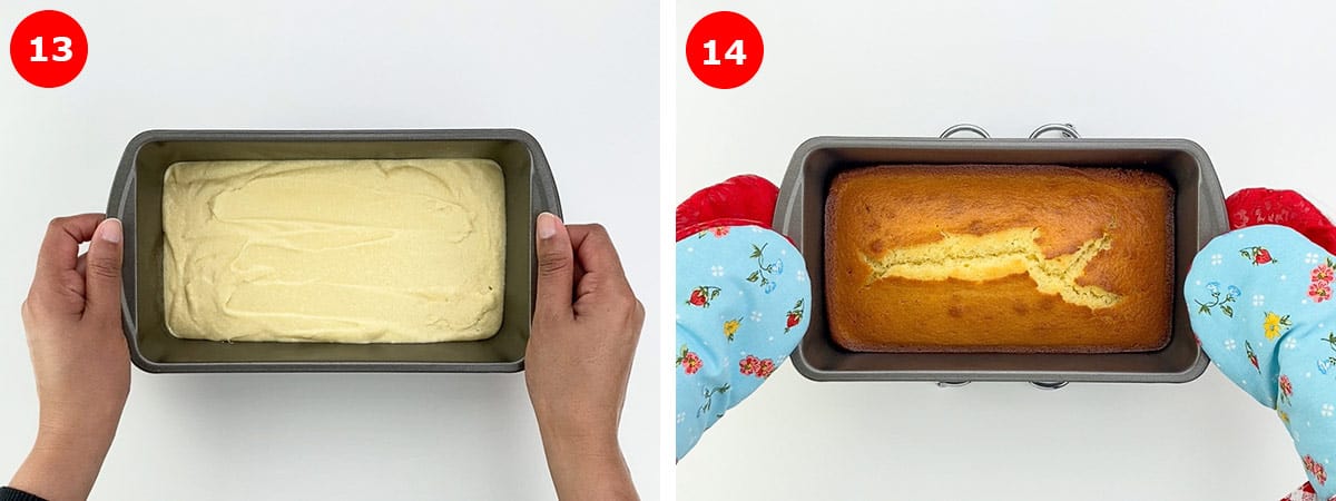 side by side shots of raw pound cake batter in loaf pan, and baked white chocolate cake in loaf pan