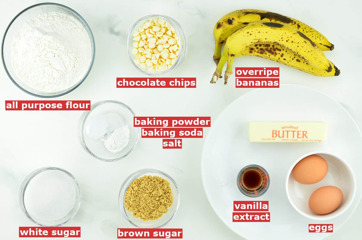 top shot of all the ingredients to make banana muffins with white chocolate chips