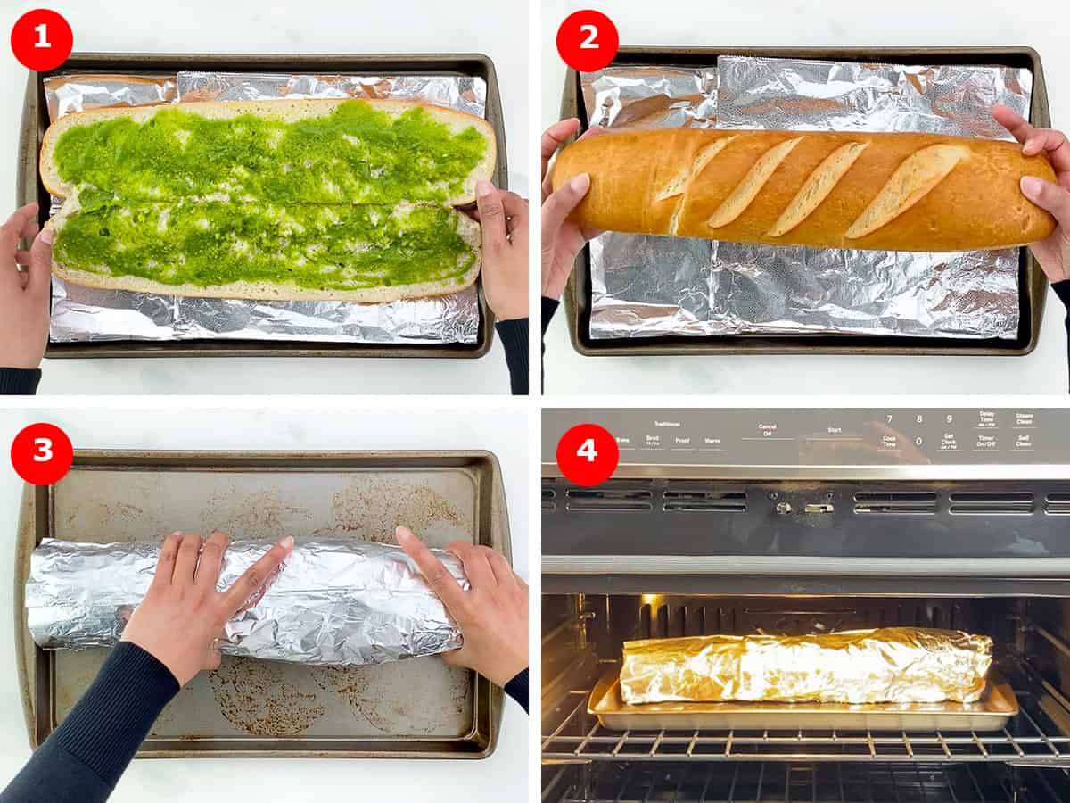 step by step photos of prepping the garlic bread loaf to go in the oven