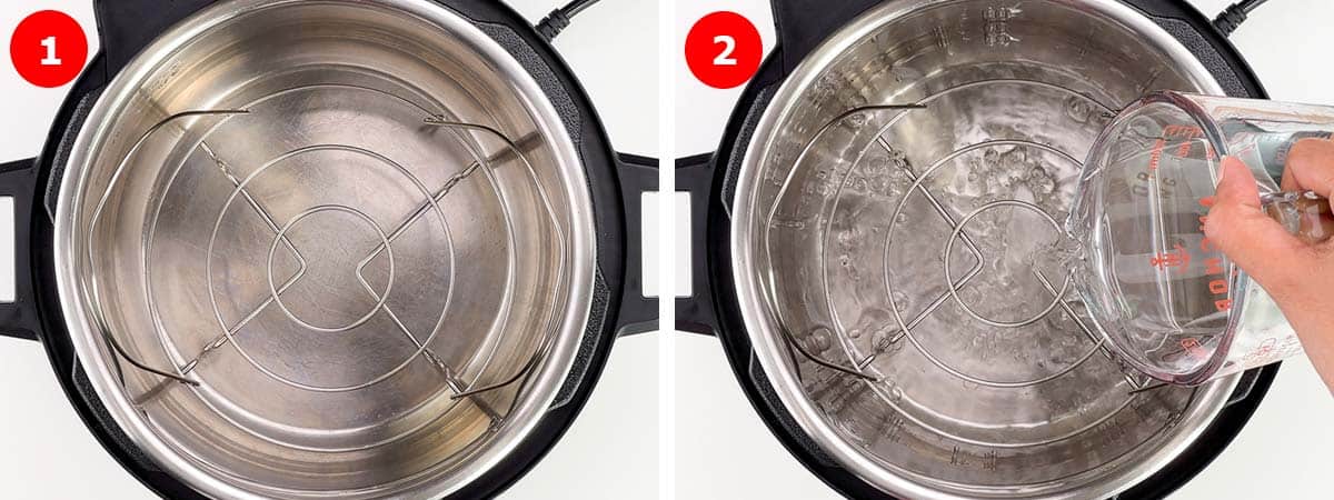 step by step photos of placing trivet and pouring water in the instant pot.