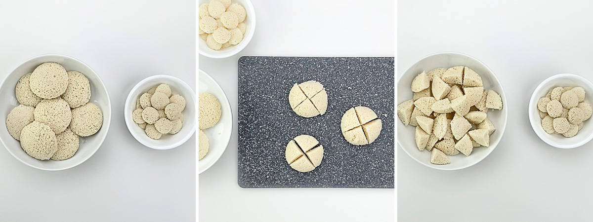 collage of shots showing leftover idlis being cut into bite sized pieces to make idli fry