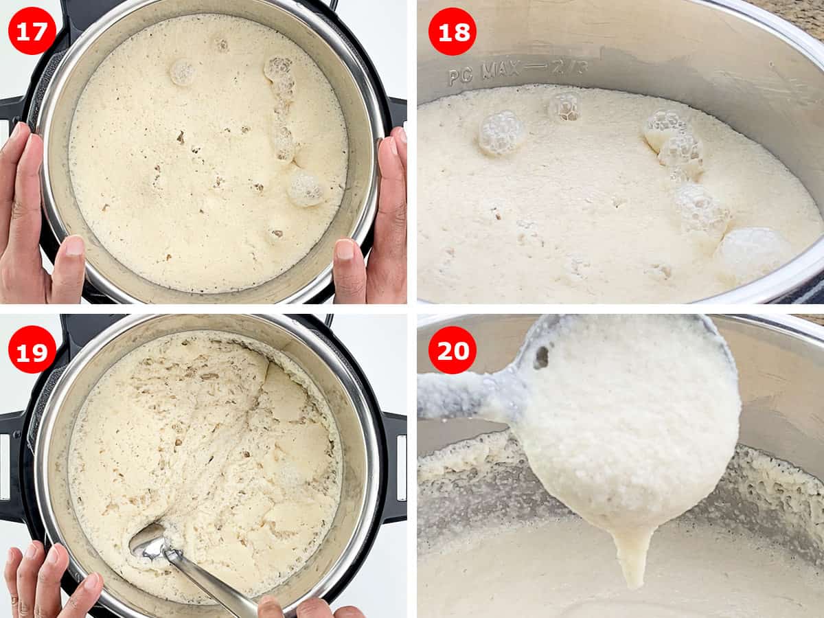 a collage of shots that show how a well fermented idli batter looks like when it is ready, after it is mixed, and the consistency of fermented idli batter