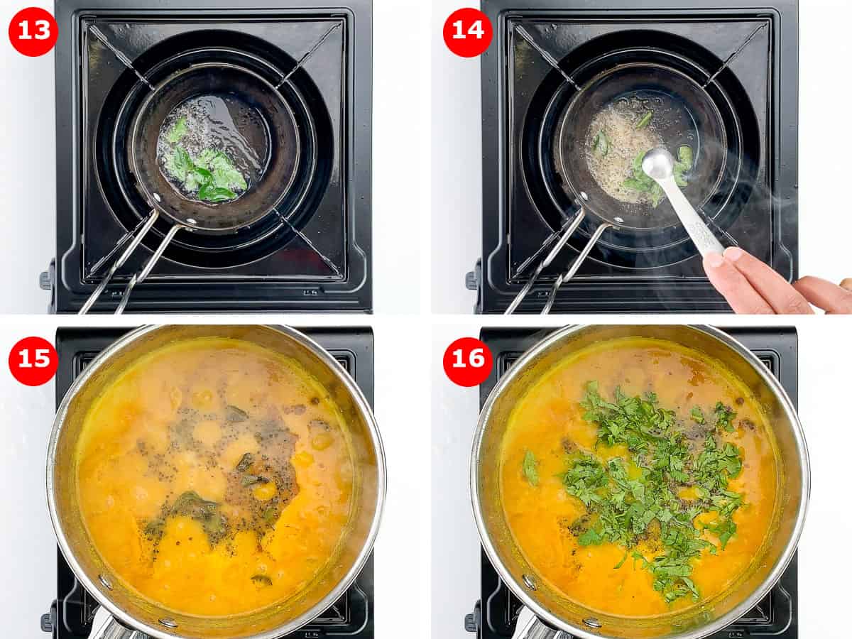 step by step photos of making tempering for sambar, and adding it to the sambar, along with fresh chopped coriander leaves