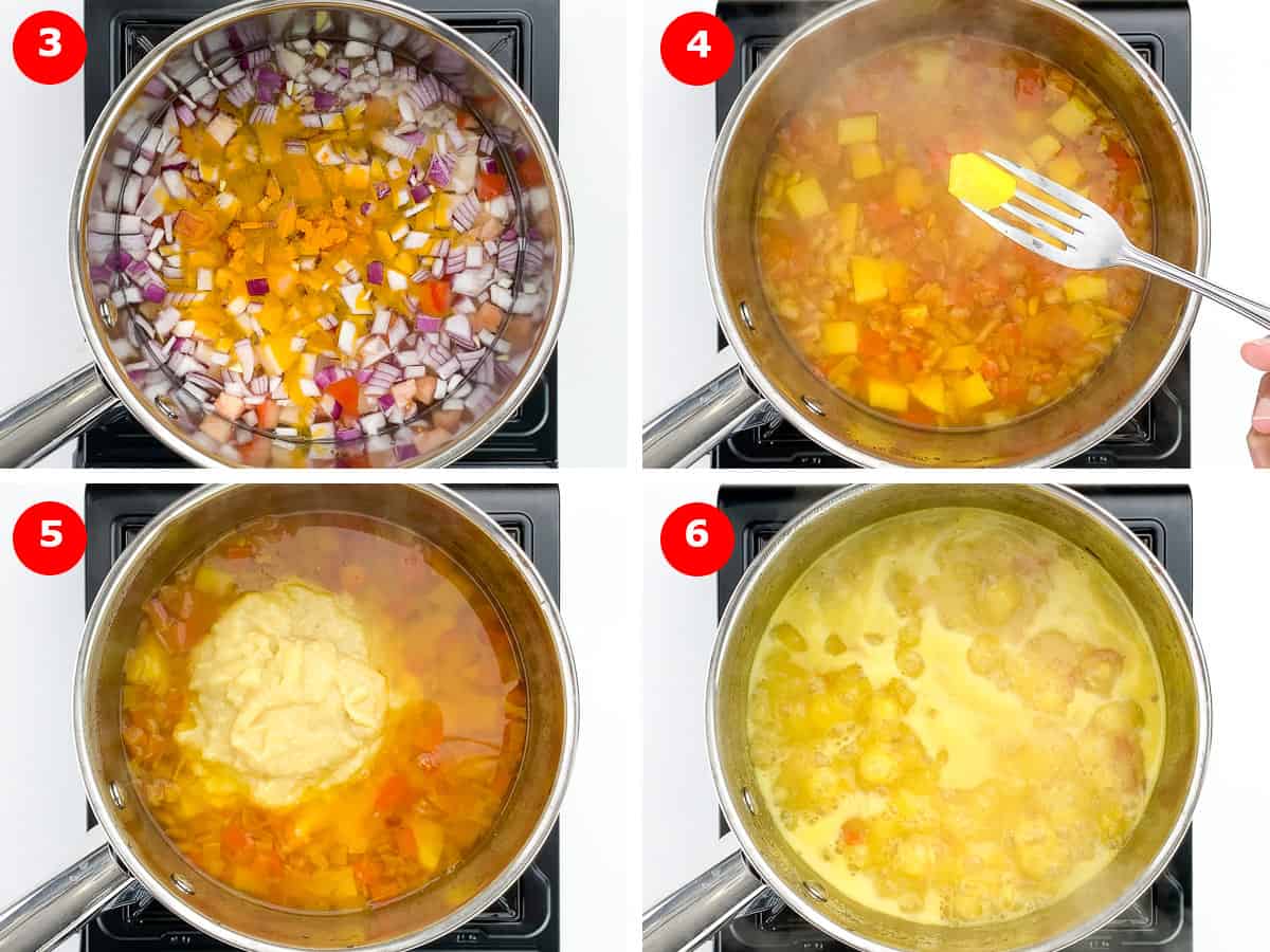 step by step photos of boiling vegetables, and then cooking vegetables and boiled dal together