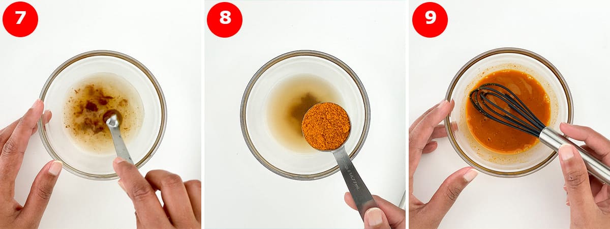 step by step photos of mixing in tamarind paste and sambar powder with water to make a paste