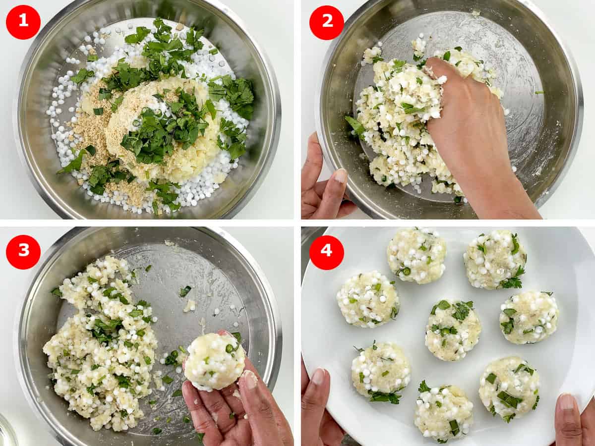 step by step photos of making dough for sabudana vada, and then making small dough balls from the dough